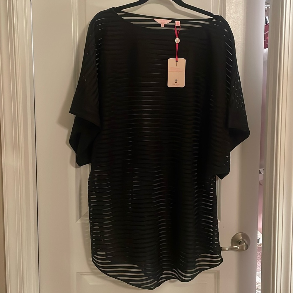 Women’s Black Striped Mesh Swim Cover-Up